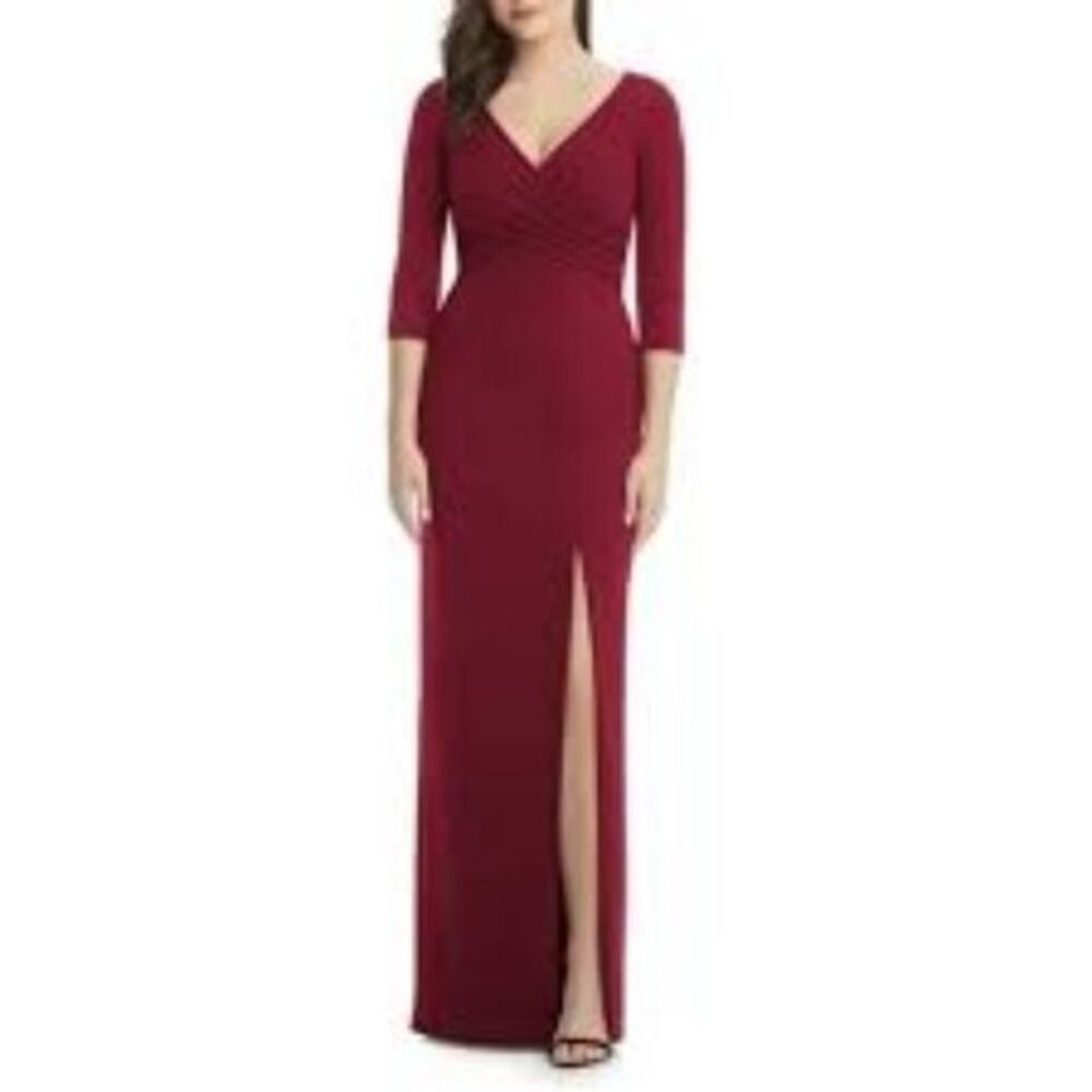 NWT After Six Burgundy Crepe Maxi Gown | Wrap Top & Slit Skirt | Size Small